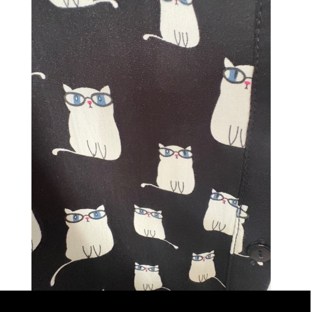 Love Notes Shirt Cat Print Rayon Tie Front Whimsical Blouse Black Large - Picture 3 of 5